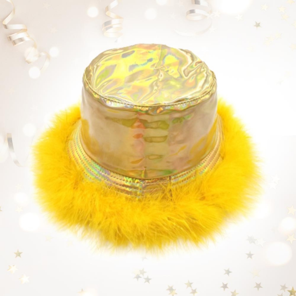 Gold Fur Bucket Hat Hologram Style Trendy Fuzzy Trim Fun Cute Fashion Statement